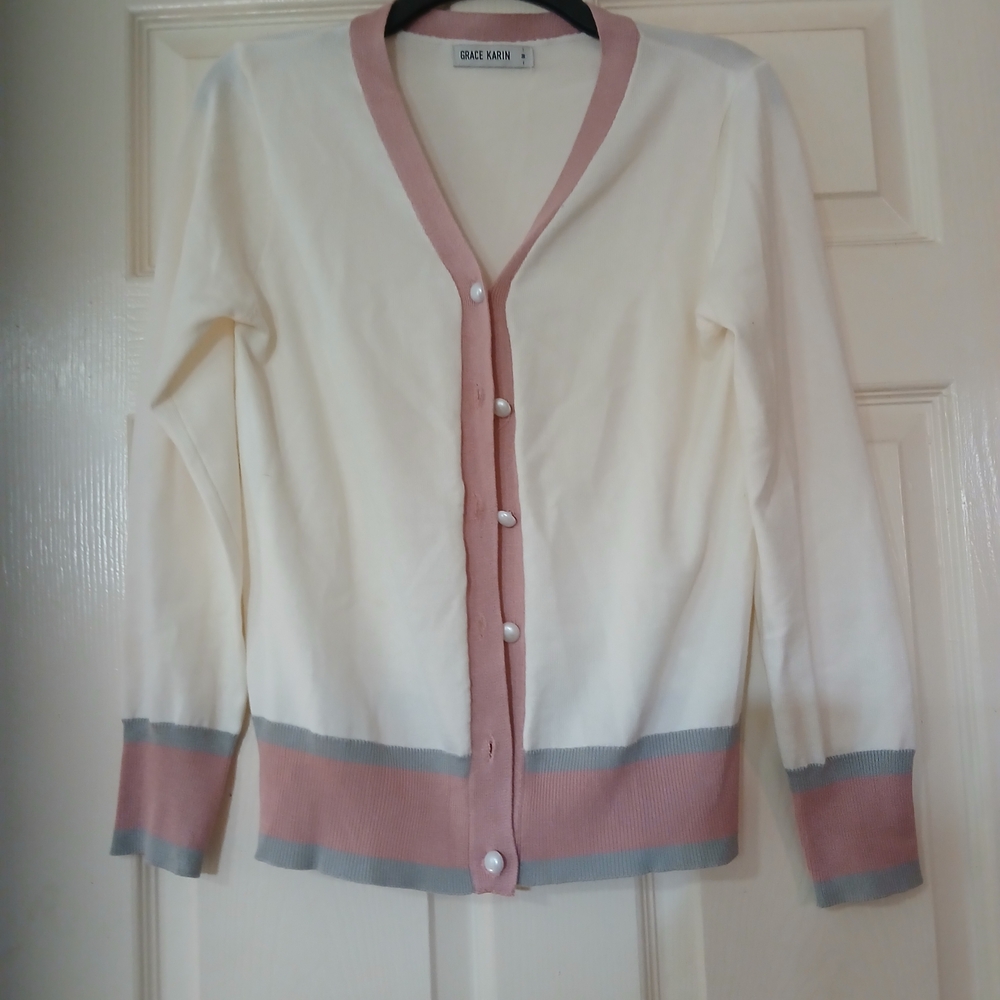 Grace Karin Pink and Cream V-Neck Cardigan